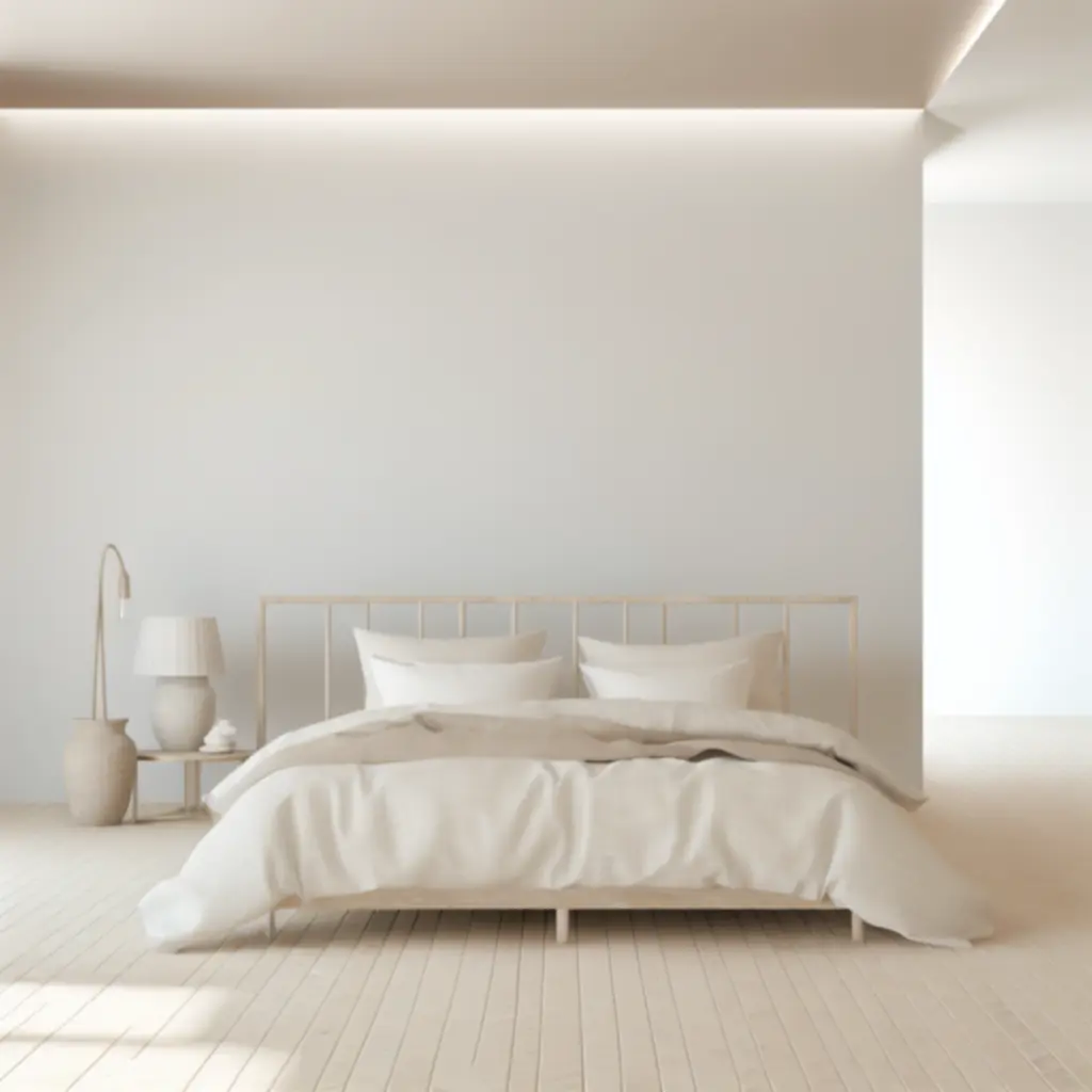 Modern Scandinavisch bedframe met houten poten en zachte stoffering