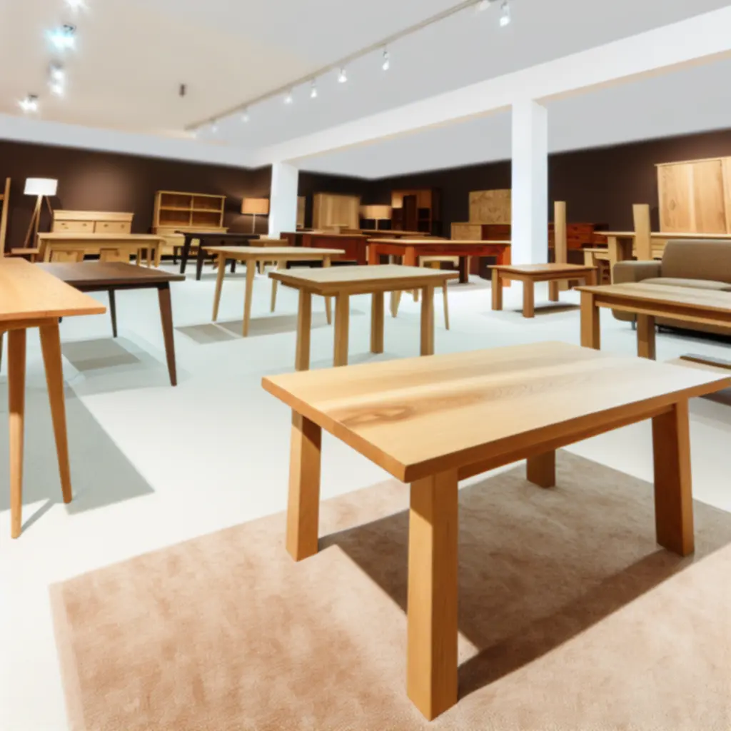 Collectie houten tafels in verschillende vormen en afmetingen in een Scandinavisch interieur