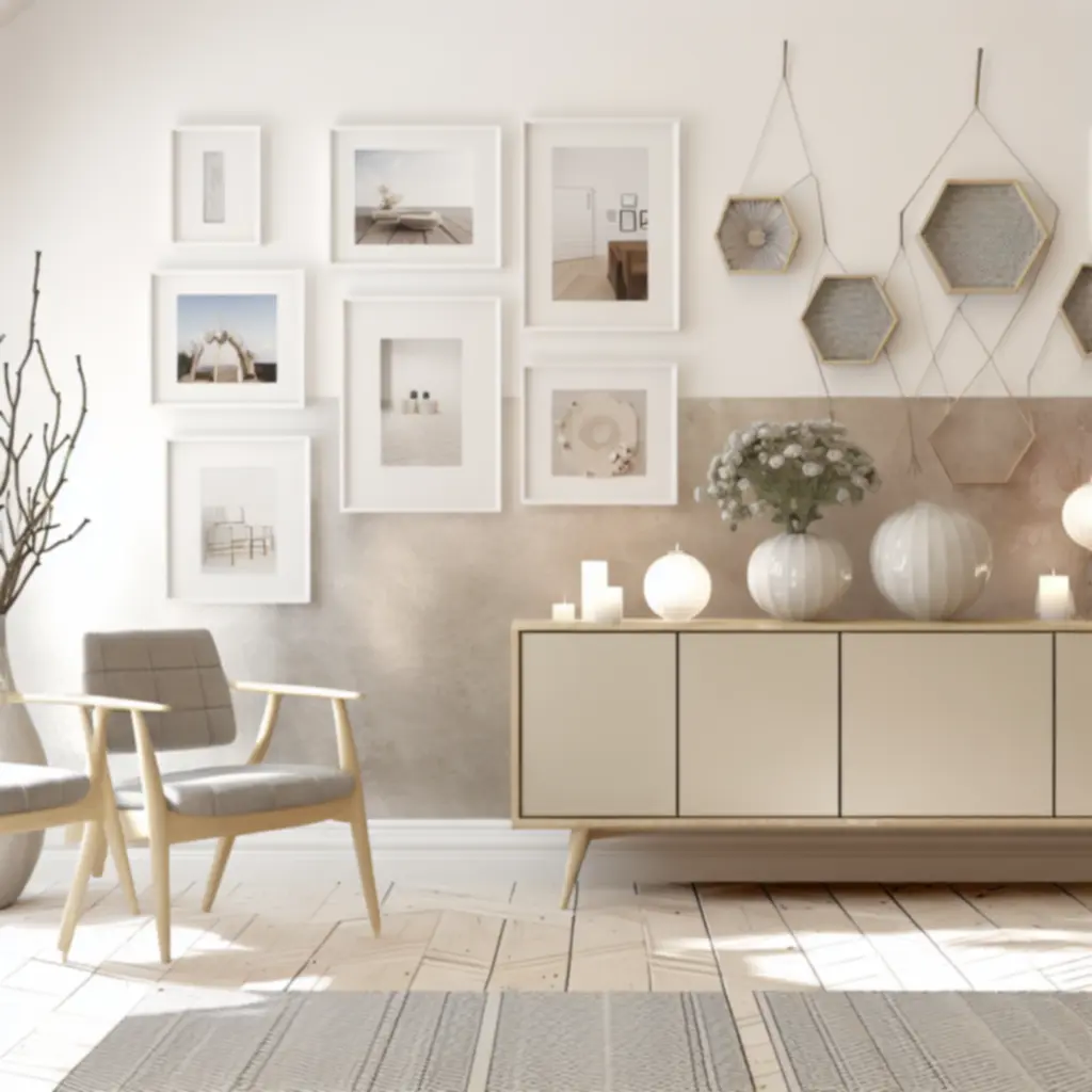 Scandinavisch ingerichte woonkamer met lichte houttinten en minimalistische meubels
