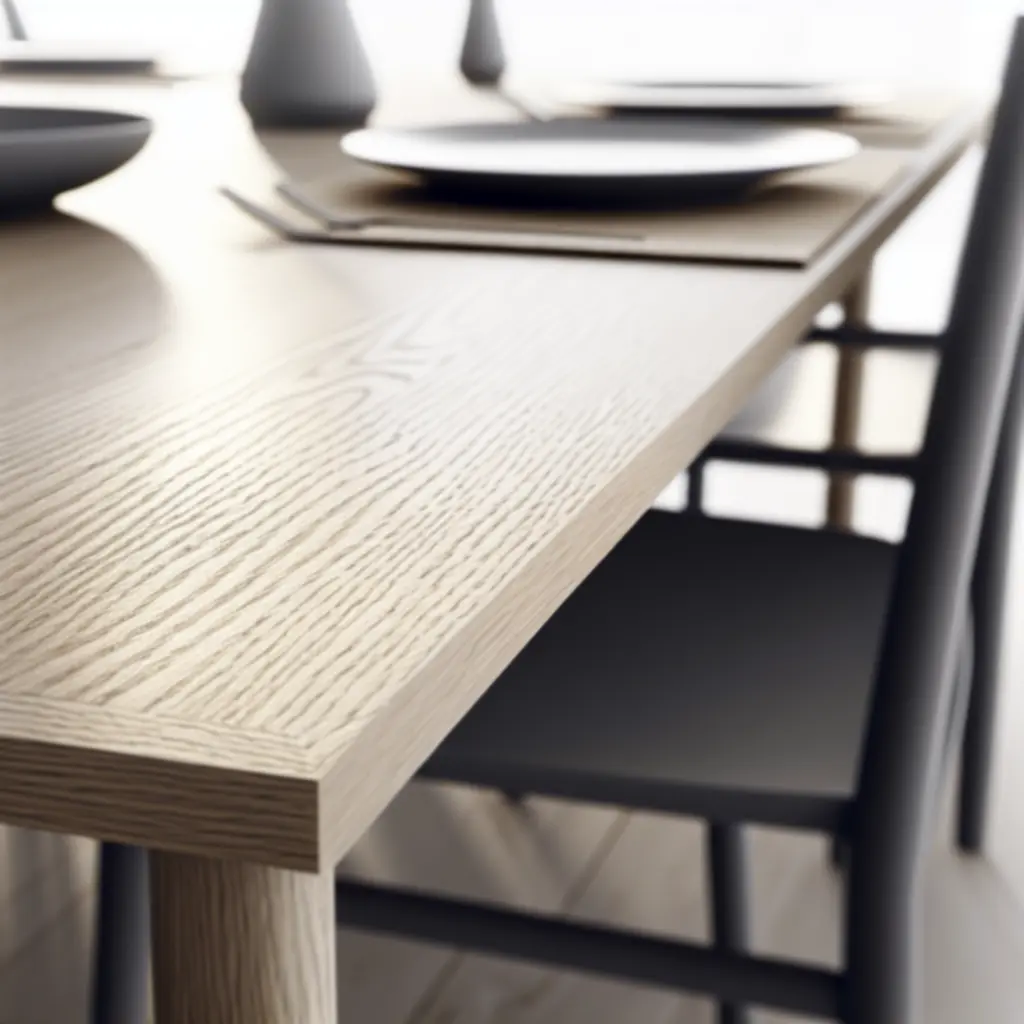 Detail van een houten eettafel met afgeronde hoeken en Scandinavisch design