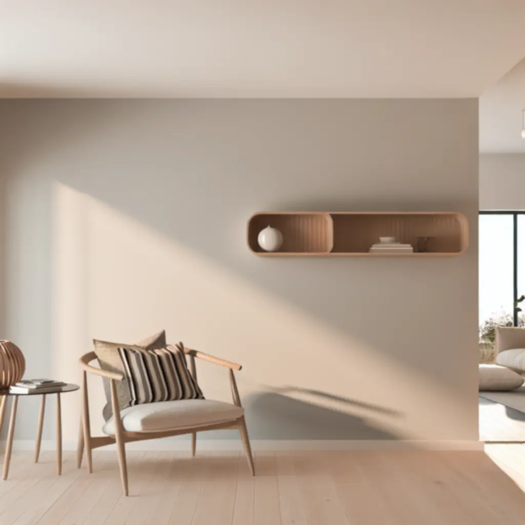 Moderne Scandinavische woonruimte met Woon Craft meubels in zachte neutrale kleuren.