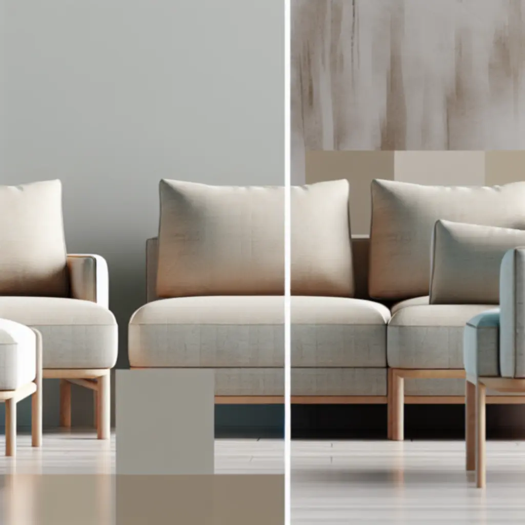 Moderne Scandinavische bank en stoelen in een lichte woonkamer