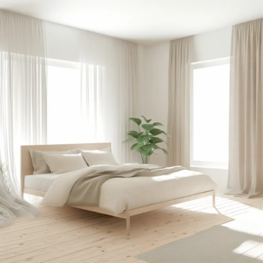 Sfeervolle moderne Scandinavische slaapkamer met een licht houten bed en neutrale tinten.