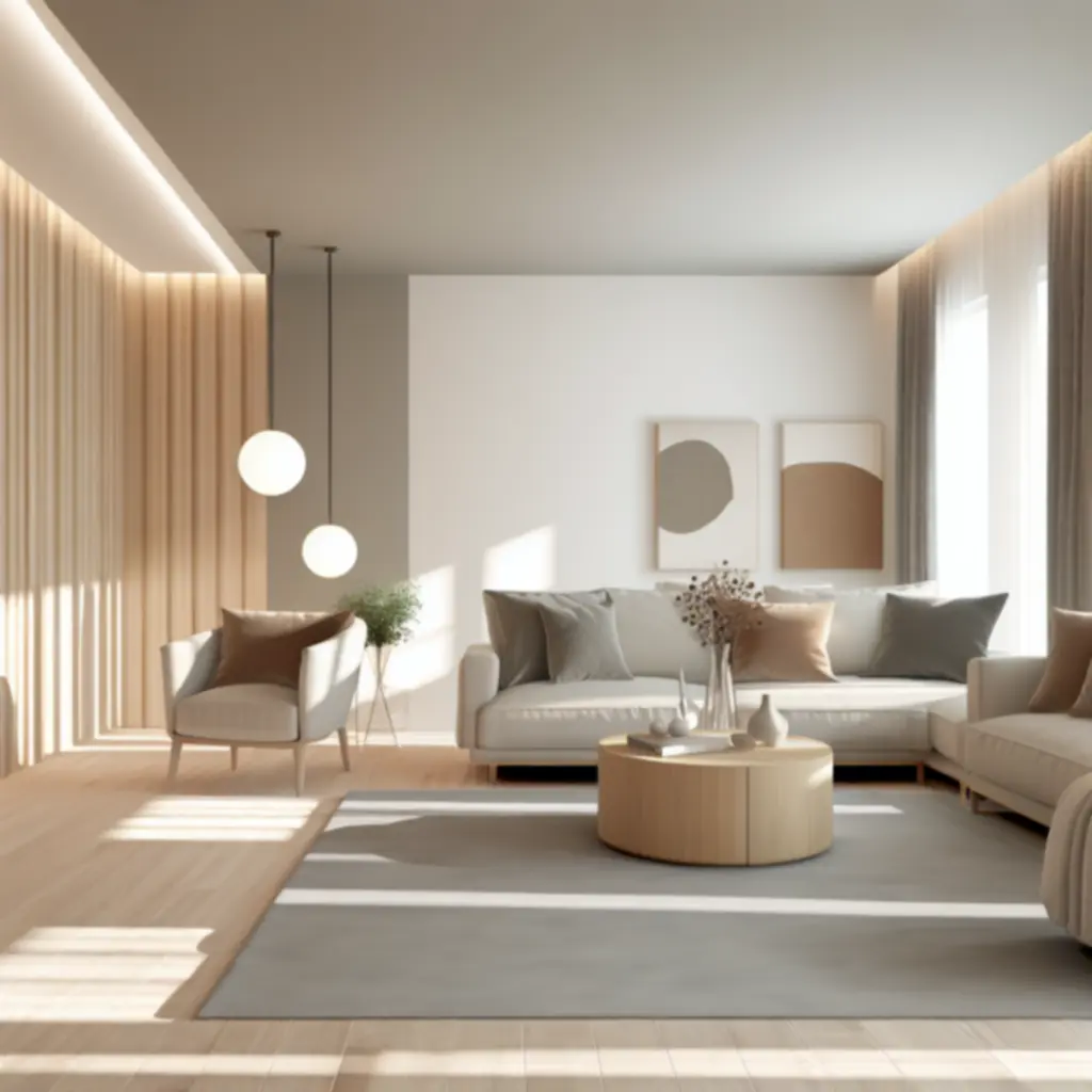 Scandinavische woonkamer met moderne bank, salontafel en houten accenten van Woon Craft.