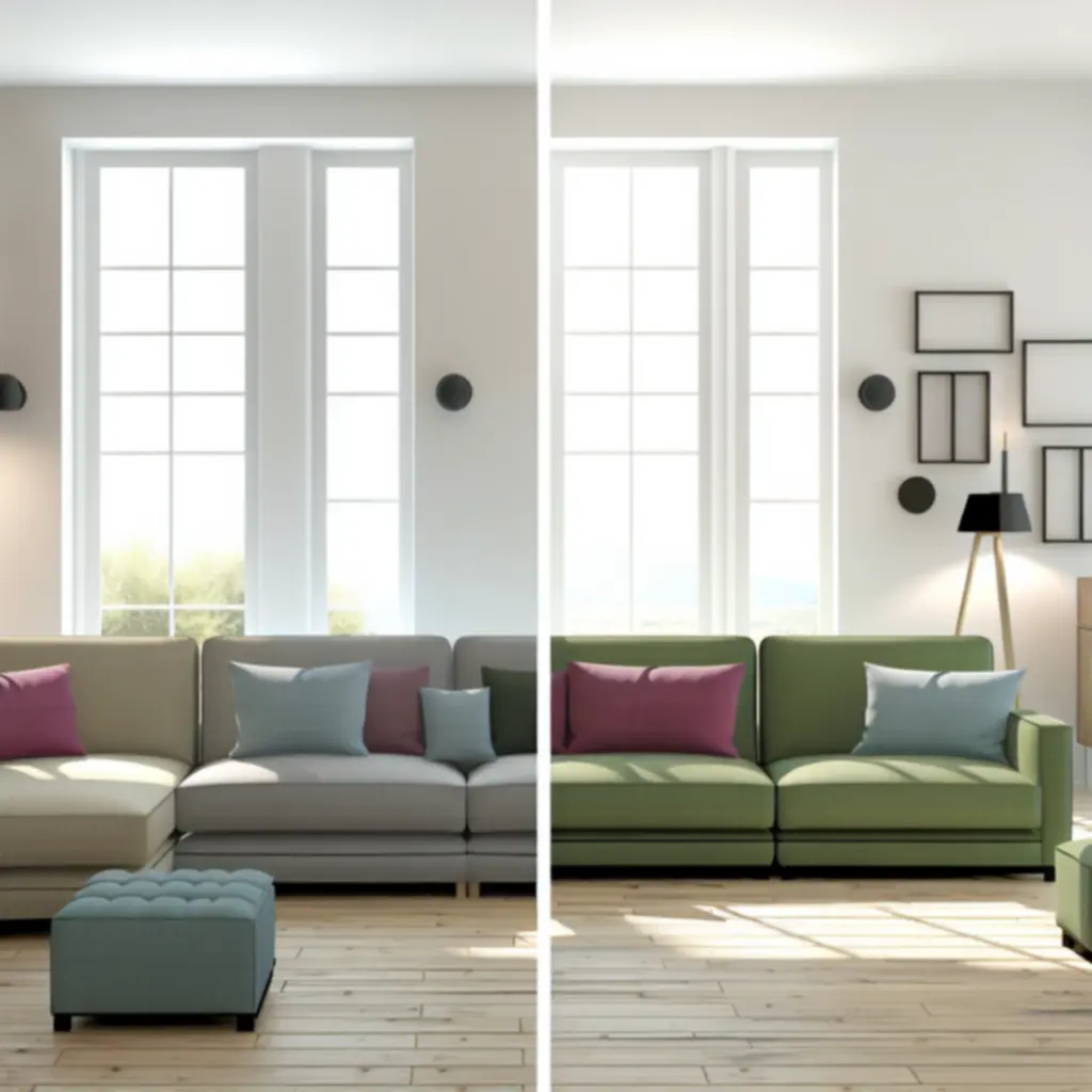 Sfeervolle woonkameropstelling met Scandinavische sofa en houtaccenten bij Woon Craft