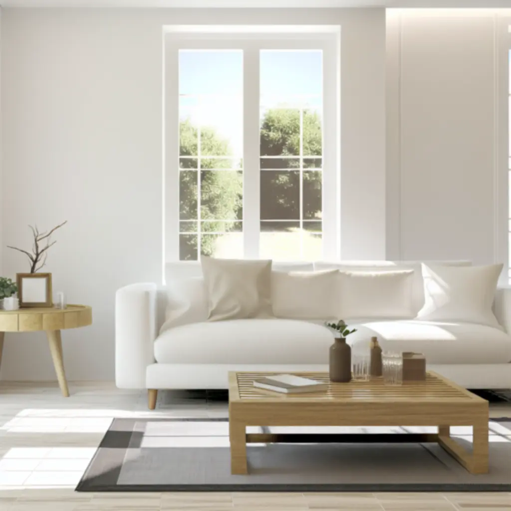 Stijlvolle moderne woonkamer met Scandinavische bank en neutrale accessoires