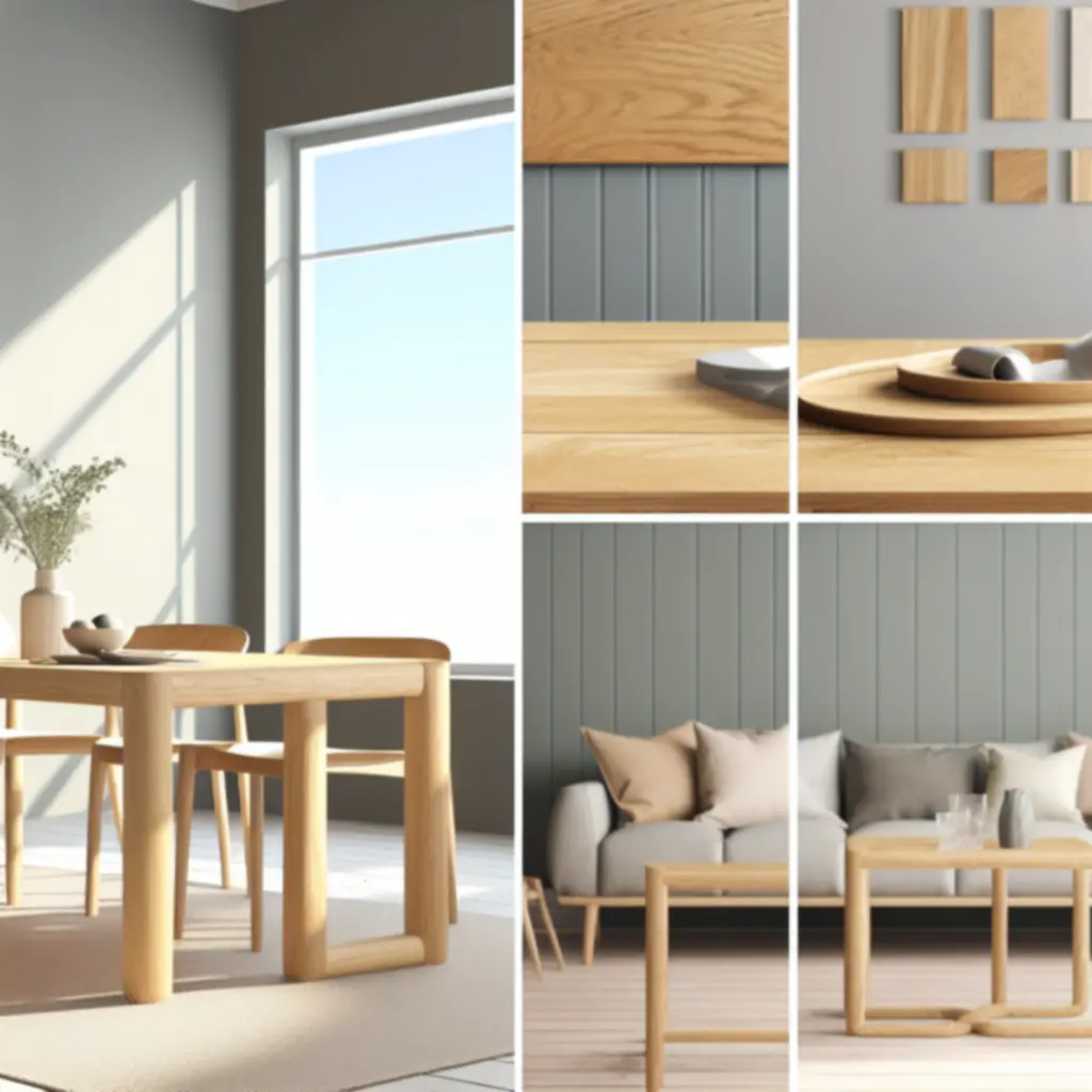 Modern Scandinavisch wooninterieur met houten tafels in een lichte woonkamer